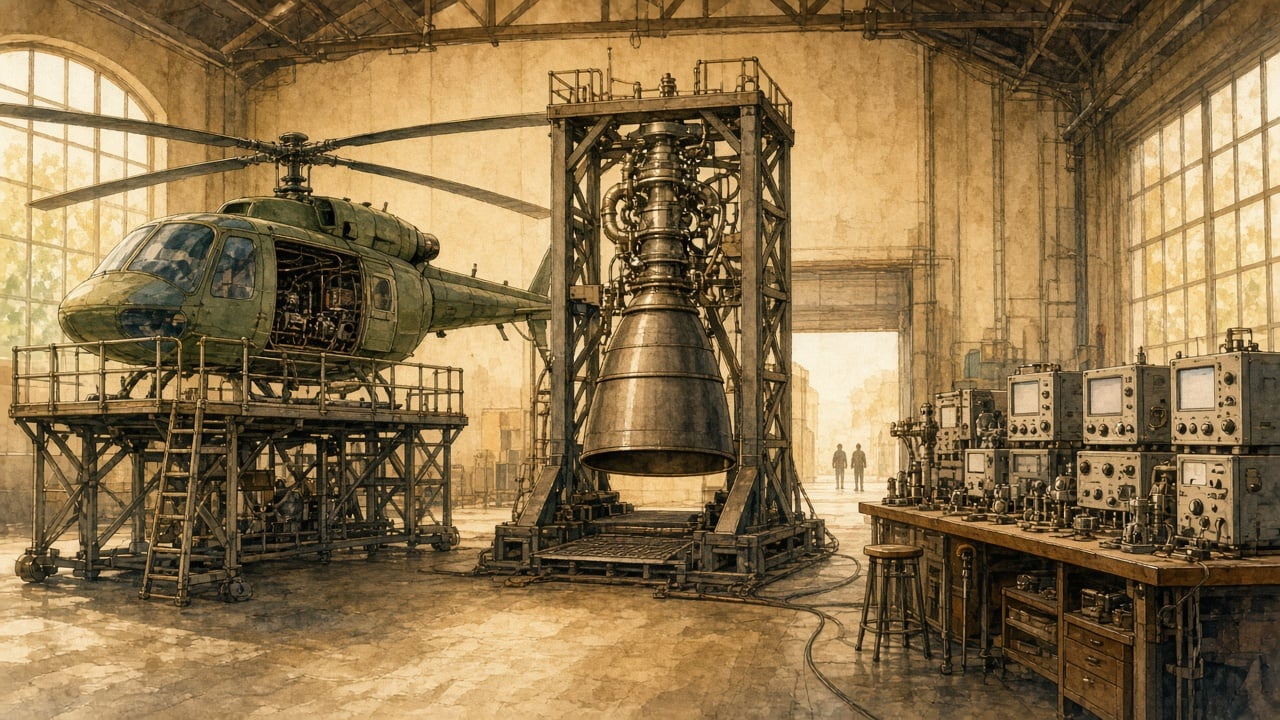 Aerospace journey - helicopter, rocket, test stand